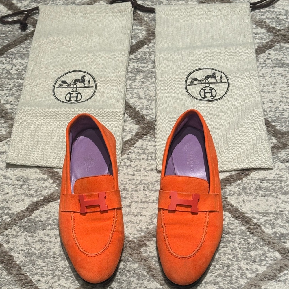 AUTHENTIC-Women’s HERMÈS  “Paris” Suede Loafers Orange Sz 36 Free Shipping 🧡